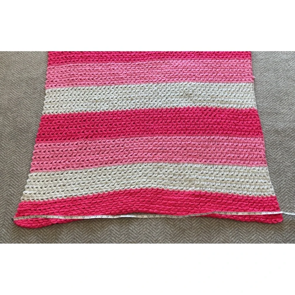 Handmade Crocheted Striped Afghan‎ Throw Blanket Pink Coral White 44